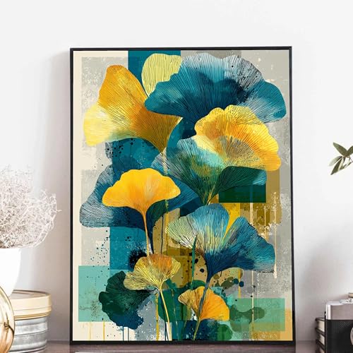 Tableau abstrait de feuille de ginkgo pour salon moderne, décoration murale jaune et bleue