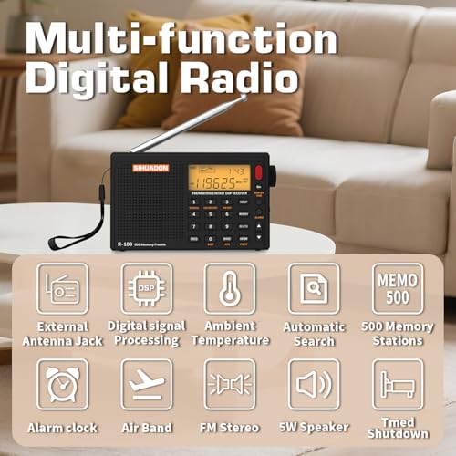 Image of XHDATA R108 Portable Radio AM /FM /SW /LW /Airband Shortwave Receiver Battery Operated Radio with Good Reception, Great Sound Speaker Stereo Alarm Clock External Antenna (Black)