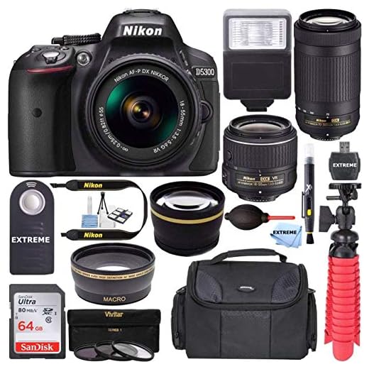 Nikon D5300 24.2 MP DSLR Camera + AF-P DX 18-55mm & 70-300mm NIKKOR Zoom Lens Kit + 64GB Memory + Photo Bag + Wide Angle Lens + 2X Telephoto Lens + Flash + Remote Bundle