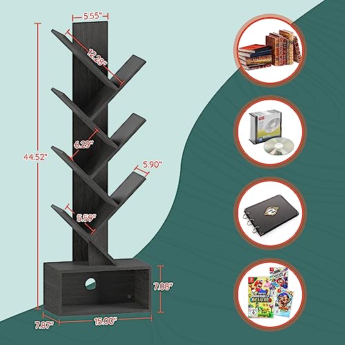 Yoobure Tree Bookshelf - 6 Shelf Retro Floor Standing Bookcase, Tall Wood Book Storage Rack for CDs/Movies, Utility Book Organizer Shelves for Bedroom, Living Room, Home Office, Dark Grey
