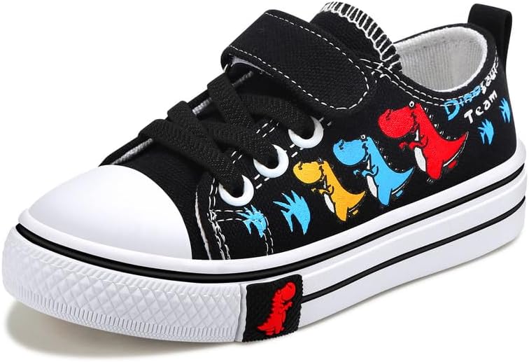Toddler Boys Girls Slip On Canvas Sneakers Cartoon Dinasour Printed Little Kid Unisex Adjustable Strap Walking Shoes Lazy Shoes with Hook and Loops