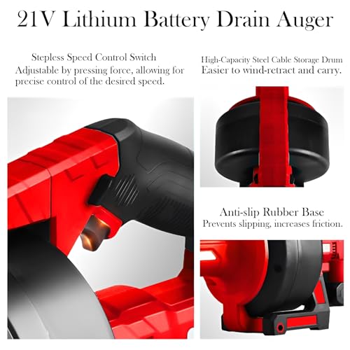 Electric Drain Snake Auger 25 Ft, Powerful 21V 2600mAh Heavy Duty Toilet Snake Auger with 2.6Ah Battery, Cordless Auto-Feed Plumbing Snake Drain Hair Clog Removal Tool for Kitchen Bathroom Shower Pipe 4 Electric Drain Snake Auger 25 Ft, Powerful 21V 2600mAh Heavy Duty Toilet Snake Auger with 2.6Ah Battery, Cordless Auto-Feed Plumbing Snake Drain Hair Clog Removal Tool for Kitchen Bathroom Shower Pipe - Image 4