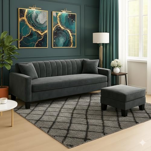 Image of Furny Aveira 3 Seater Fabric Sofa Set with Ottoman (Dark Grey) | Soft Velvet Fabric | Modern Design | Comfortable Seating | Living Room Furniture