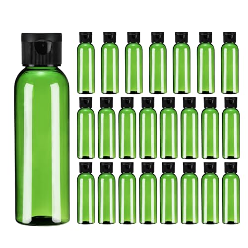 uxcell 2 Oz Plastic Bottles with Flip Caps, 24 Pcs Reusable Travel Size Containers with Lids Plastic Squeeze Refillable Dispensing Bottles for Shampoo, Body Soap, Toner(Green Black)