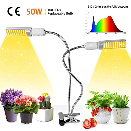 50w LED Plant Light, 100 LEDs Super Bright Sunlike Full Spectrum Grow Bulb for Indoor Plants, 360° Gooseneck Plant Grow Lamp with Replaceable E27/E26 Bulb, Perfect for Seedling Blooming Fruiting