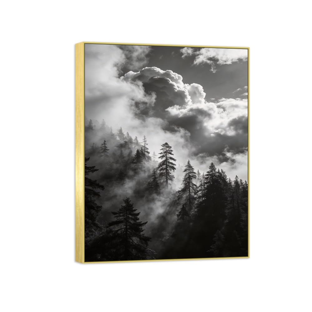 Tree Clouds 2 Black White Landscape Canvas Picture 90x117cm Gold Frame