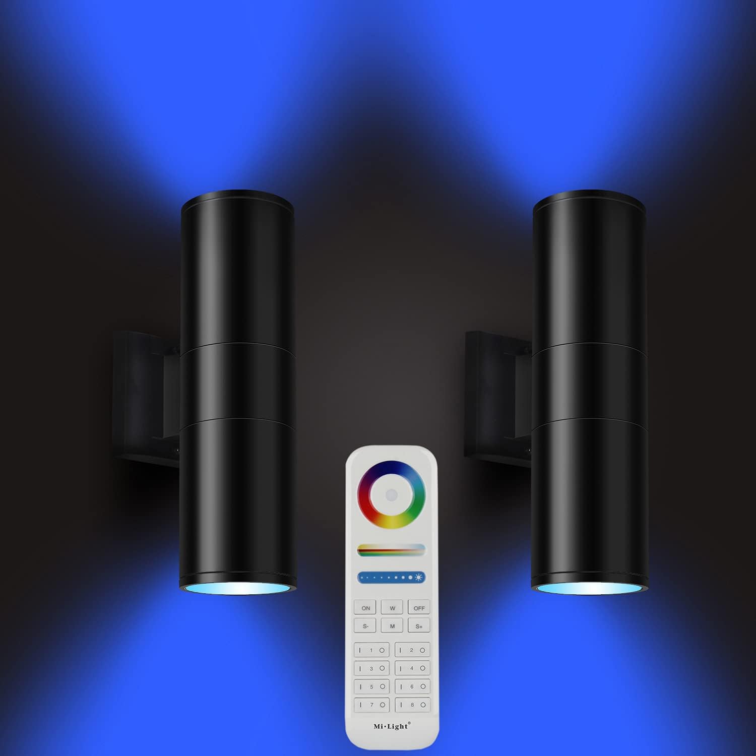 Best Deal Cheap 🛒 Exterior Double Up Down Outdoor Wall Lights,Mi.Light Remote Control RGB Color Changing 1000lm Warm White 3000k RGBW Cylinder Outdoor Wall Light,Smart LED Exterior Lighting (4 Pack)