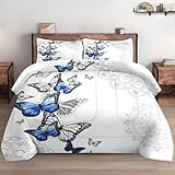 WeCozy Comforter Set Queen Size with 2 Pillowcases, Summer Spring Blue Butterfly 3 Pcs Bedding for Kids and Adults, Abstract Circular Mandala Floral Soft Comforter Set for Bedroom Bed Decor