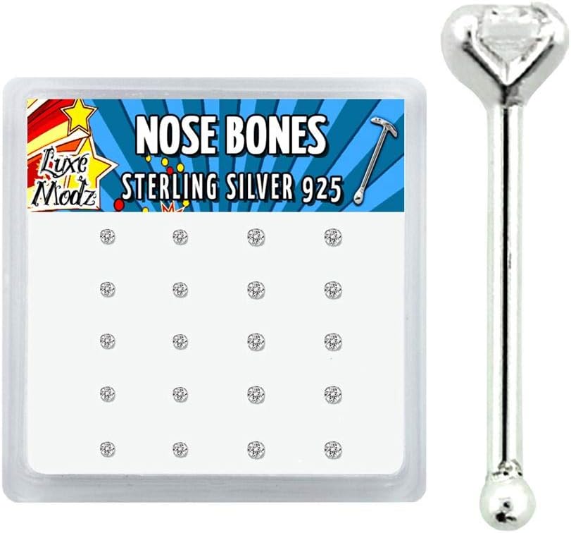 Luxe Modz Box Of 20 Pieces 22 Gauge Nose Stud Rings Nose Bone Studs Nose Piercing Jewelry Set Crystal 2.5mm & 2mm CZ Fit Most Nose Piercings For Woman