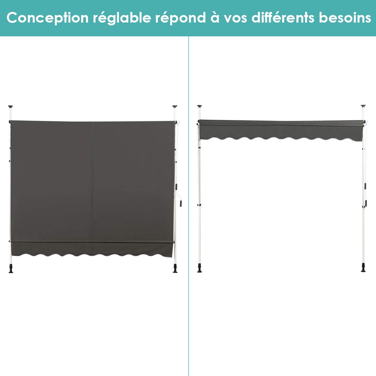 RELAX4LIFE Store Banne Manuel sans Perçage, Auvent Balcon Rétractable avec Manivelle, Tissu Oxford Anti-UV Imperméable, Hauteur Réglable 2-3 M, Store Banne pour Porte Fenêtre (Gris, 250 X 125 cm)