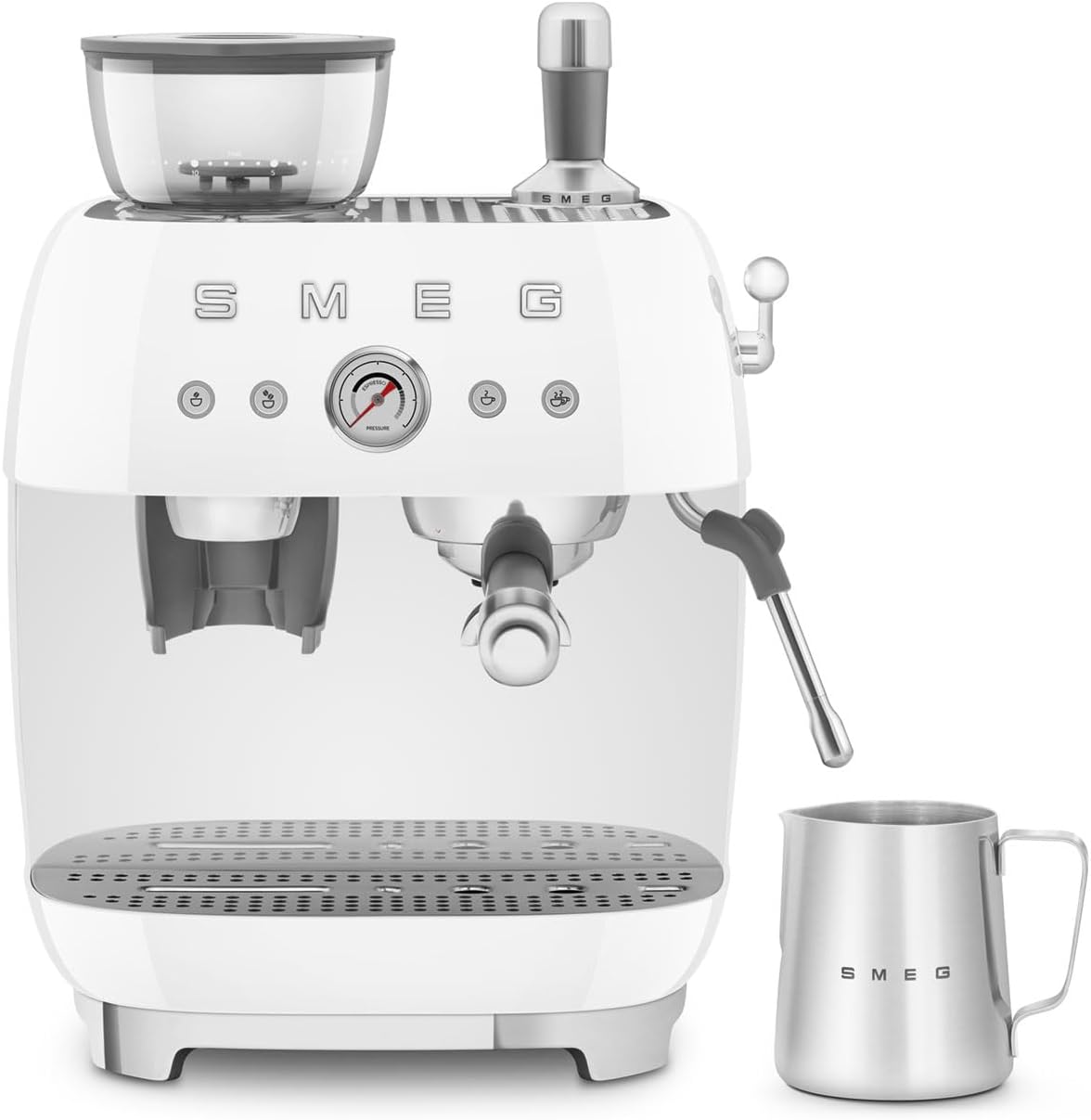 Smeg EGF03WHUK Espresso Coffee Machine with Grinder, 2.4L, 20 Bar Pump, 1650W, White