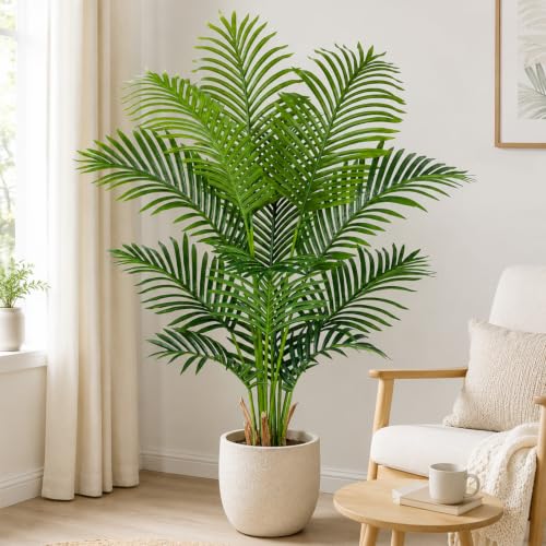 Image of 4ft Artificial Palm Tree Indoor Plant Tall Fake Tropical Paradise Palm Tree in Pot with Real Bark Design Faux Areca Palm Tree for Home Office Living Room Bedroom Farmhouse Modern Decor 1pcs