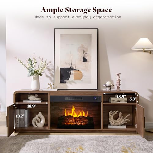 Image of AMERLIFE 70 inch Fluted Fireplace TV Stand for TVs Up to 80 inch, Modern TV Console with 30 inch Electric Fireplace & Storage Cabinets, Media Entertainment Center for Living Room, Brown