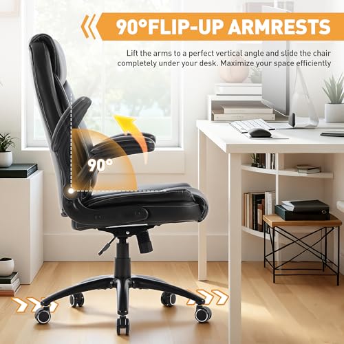 Ergonomic PU Leather Office Chair with Flip-Up Armrests, Reclining Backrest, Adjustable Height & Tilt Tension, Thick Padded Seat, Breathable Leather, 300LBS Capacity Executive Desk Chair,Black - Image 5