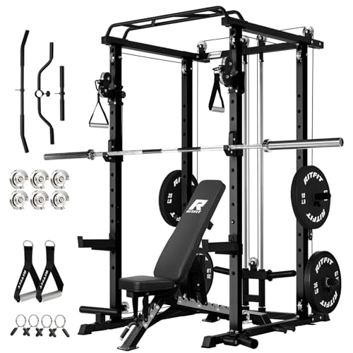 Image of RitFit Multi-Function Garage & Home Gym Package Includes 1200LBS Power Cage PPC03 /P3 with Cable Crossover System, Weight Bench, Olympic Barbell Weight Set, Full Body Workout