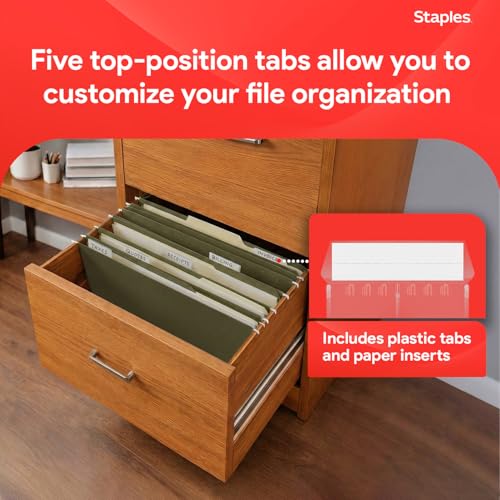 Image of Staples Hanging File Folders, Legal Size, 1 /5-Cut Tabs, Green, 50 /Pack | Reinforced top for durability; organizes documents in standard-size drawers.