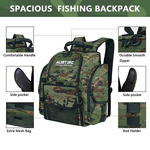 Aumtisc Fishing Tackle Backpack With 4 Tackle Boxes, Rod Holder, Protective Rain Cover, Waterproof Large Fishing Tackle Gear Bag For Fishing, Camping, Hiking (Black, Green, Camouflage) #TOP2