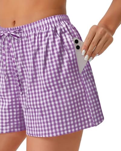 Image of Women Boxer Shorts Gingham Drawstring Pajama Bottom Plaid Pants with Pocket