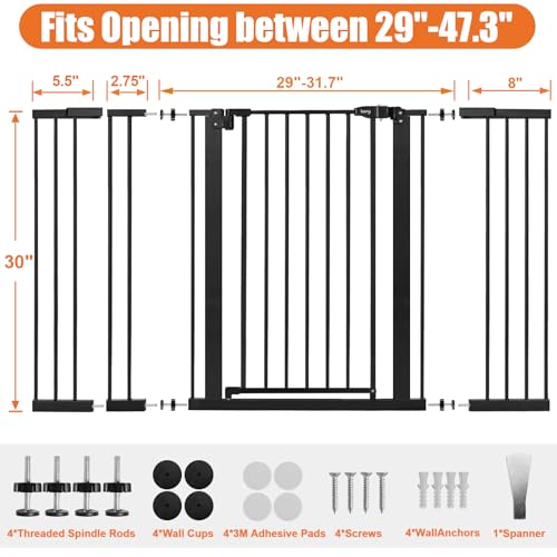 Image of keny 29 inch-47.3 inch Extra Wide Baby Gate for Stairs, Auto Close Safety Dog Gate | Pressure Mounted No Drilling Pet Gate for Doorways, Easy Walk Through Stair Gate for Kids Todder, 30 inch Tall, Black