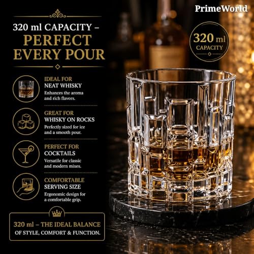 Image of PrimeWorld Premium Bricks European Crystal Whiskey Glasses Set of 6 pcs- 320 ml Bar Glass for Drinking Bourbon, Whisky, Scotch, Cocktails, Cognac- Old Fashioned Cocktail Tumblers