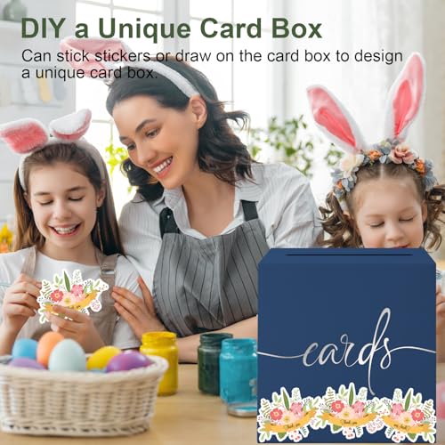 Image of Navy Blue Card Box with Silver Foil Design, Paperboard 8.7 inch Card Box for Birthday Wedding Party Graduation Retirement Anniversary Valentine's Day & Baby Showers, Raffle or Money Box
