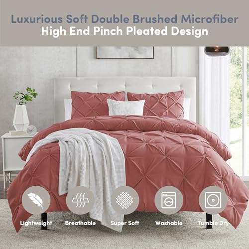 Image of Nestl Pink Clay Duvet Cover Full Size - Soft Double Brushed Duvet Set with Button Closure & Corner Ties, 3 Piece Luxurious Pinch Pleated Duvet Cover Set 80x90 Inches with 2 Pillow Shams