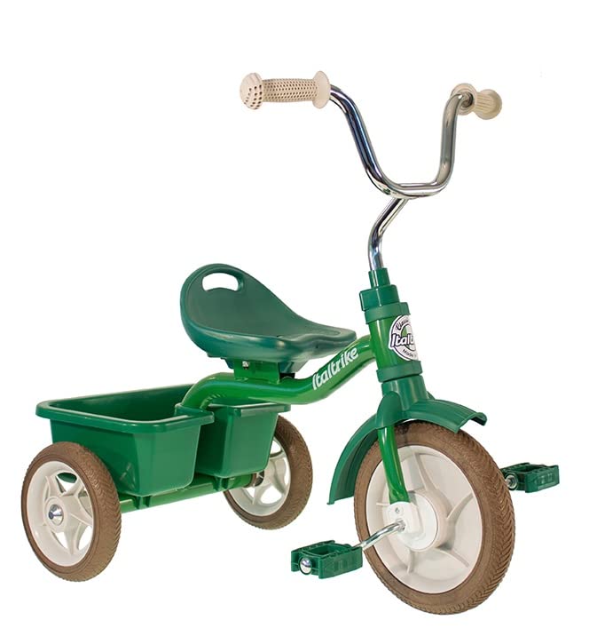 Italtrike - Tricycle Transporter - 10 Pouces - avec Benne - Selle avec Dossier, Réglable 3 Positions - Dès 2 Ans - Look Vintage - Couleur Vert