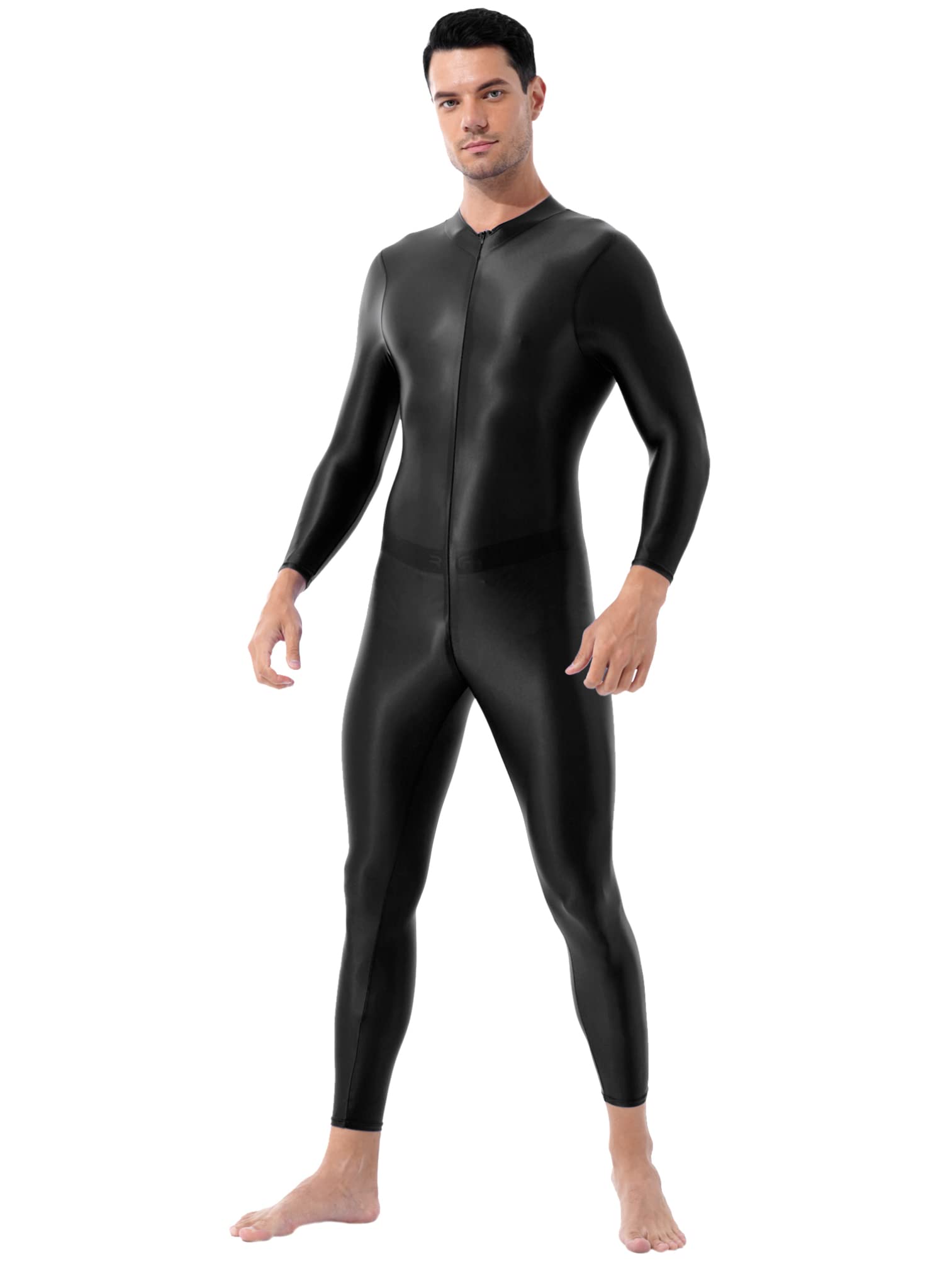 Agoky Body Uomo Metallico Lucido Bodystocking Catsuit Tuta Intera Bodysuit Manica Lunga Leggings con Cerniera Jumpsuit Biancheria Intima Monopezzo Body da Ginnastica Nero Taglia unica