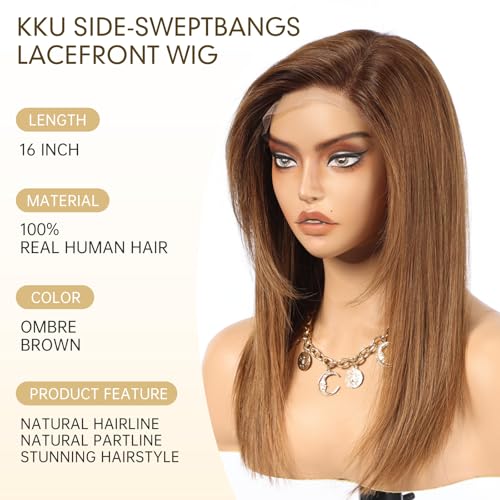 Image of KKU 100% Human Hair Wigs for Women,Real Human Hair Wigs,Side Swept Bangs Lace Front Wig(16 Inch,Ombre Brown)