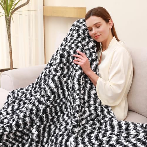 Image of #6 Super Bulky Blanket Yarn for Crocheting - 4 Skeins(Each 10.5oz /300g, 220yds /201m), Chunky Chenille Thick Plush Big Soft Yarn for Crocheting Knitting Blankets, Black & Grey & White