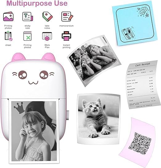 Image of Wireless Mini Printer Portable, Inkless Sticker Printer with 5 Rolls Paper,Bluetooth Thermal Printer Compatible with iOS + Android for Memo,Photo, Print Pod Best Gifts (Model-2)