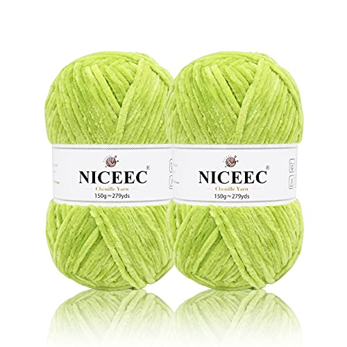 NICEEC 2 Skeins Soft Chenille Yarn 2x255m(2x279yds,2x150g)_Spring Green