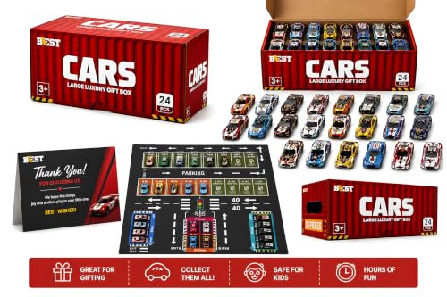 Image of Cable World 24 Pcs Die-Cast Metal Toy Cars for Kids with Car Storage Container & Thick Paper Parking Play Board, Pull Back Racing Cars, Large Luxury Gift Box, Toy Car Set for Kids