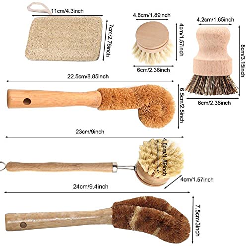 Smilerain Wooden Dish Brush Natural 7 Piece, Bamboo Brush Kitchen Set Dish Cleaning Brush Pot Brush & Bottle Cleaner Beech Wood & Natural Bristles Bamboo Scrub Brush For Dishes Plastic Free #TOP1