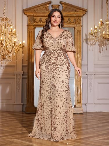 Plus Size Short Sleeves Womens Sequin Evening Dress Formal Gowns Evening Glitter Mermaid Wedding Guest Dresses4