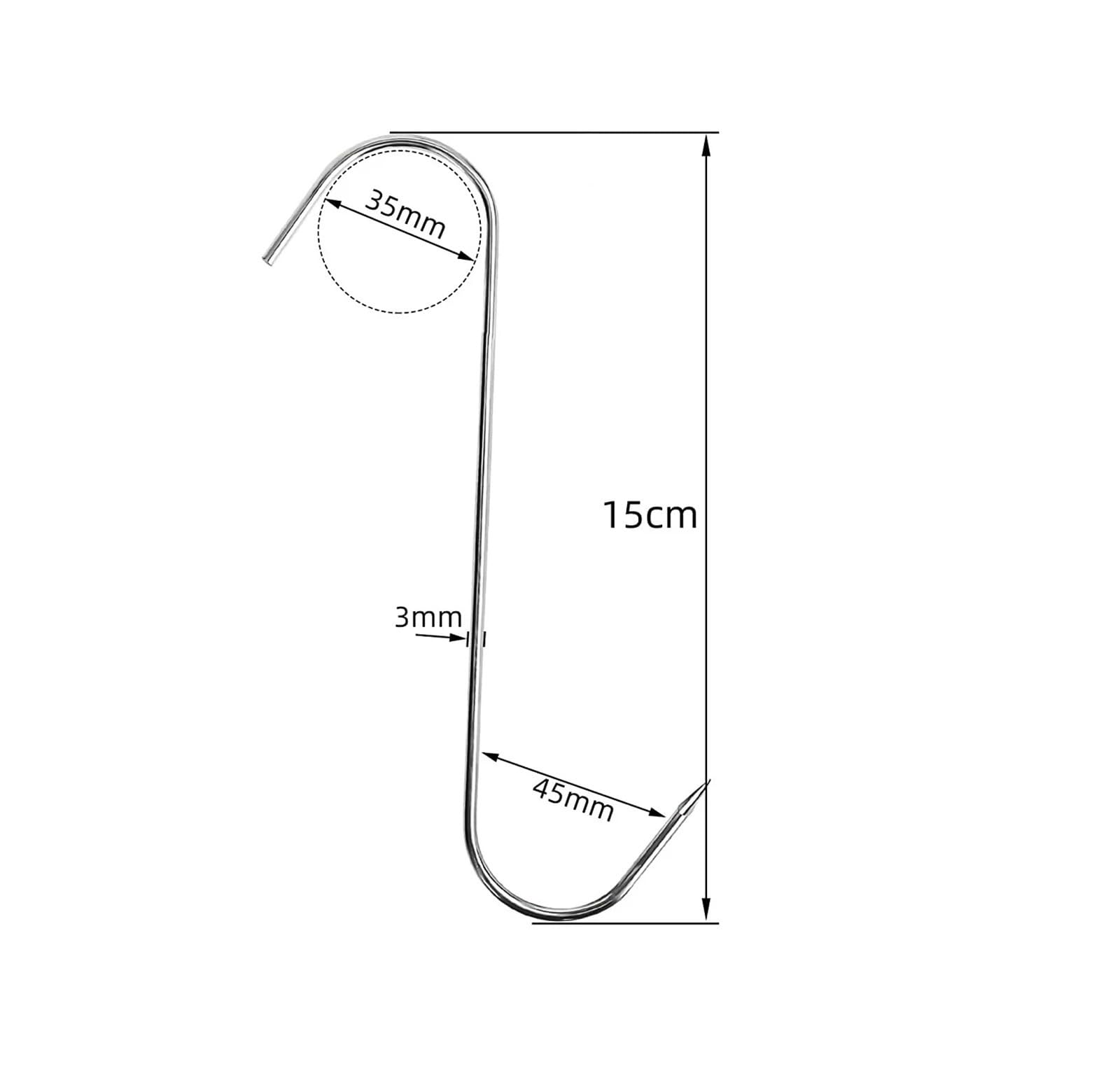 100 ganchos en forma de S de acero inoxidable con punta afilada for colgar utensilios de carne, ropa y carnicería, utensilios de cocina y repostería. Para Carnes(15cm)