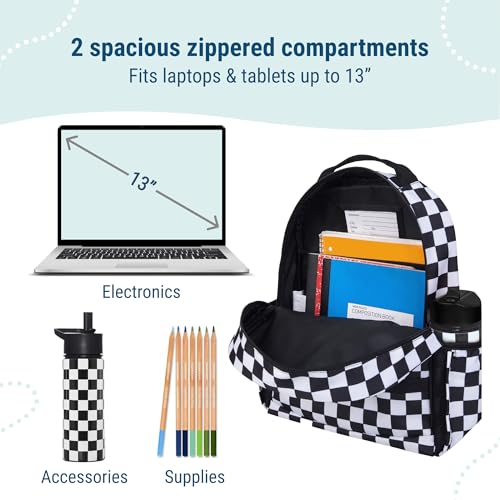 Image of Wildkin Kids Backpack for Boys & Girls, ECO rPET Recycled Lightweight 15 inch Bookbag with Padded Straps - Ideal for Preschool, Kindergarten, School & Travel, Ages 4-6 - Black and White Checkered