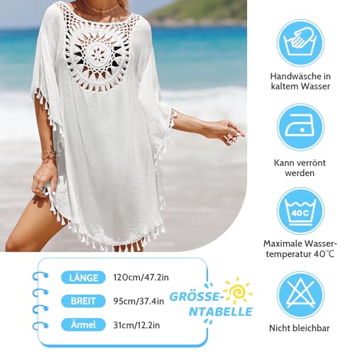 Figarge Damska Sukienka Plażowa z Narzutką na Bikini, Kostium Kąpielowy z Frędzlami, Tunika Plażowa w Stylu Boho, Biały, Jeden Rozmiar