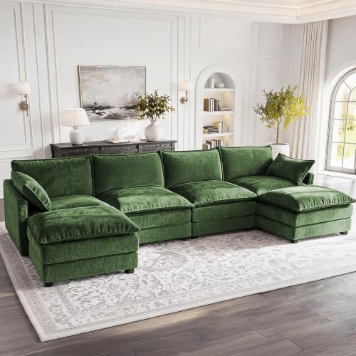 Image of 146 inch U-Shape Modular Sofa with 2 Ottomans, Deep Seat Cloud Convertible Sleeper, 2 Arm Pillows, Comfortable Large Upholstered Furniture for Living Room Apartment, Green