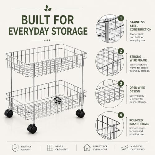 Image of TUNIS 2 Tier Stainless Steel Wire Storage Basket Trolley |Fruit & Vegetable Trolley with 360 Moving Wheels| Rack for Kitchen, Fruits, Vegetables & Grocery Storage, Movable Organizer Cart