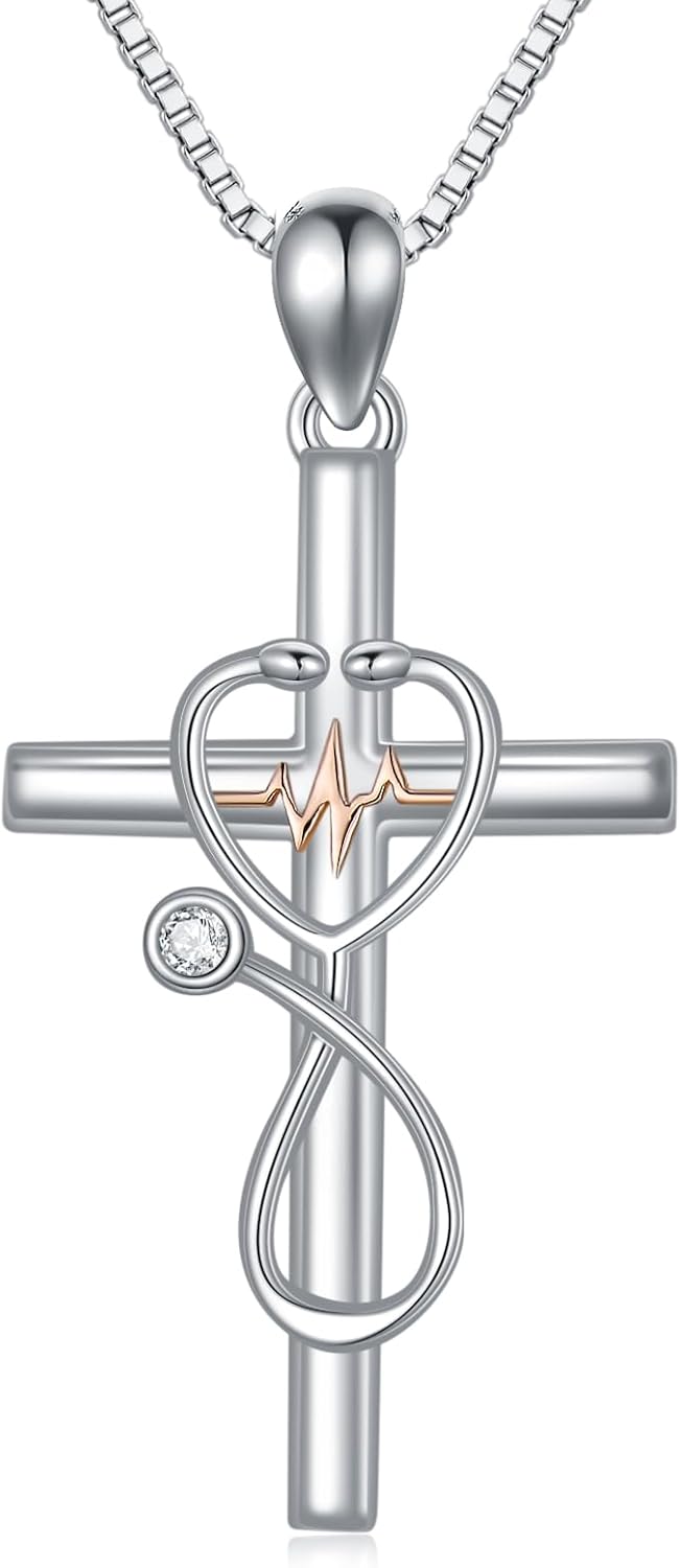 Gifts for Nurse 925 Sterling Silver Stethoscope Cross Necklace Nurses Birthstone Jewelry Nursing Themed Medicine Nurses Day Graduation Gifts Doctor Medical Student RN