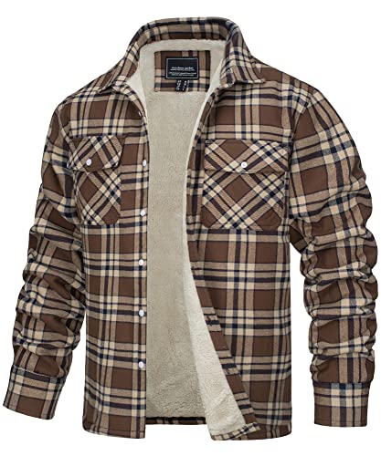 TACVASEN Men's Fleece Flannel Plaid Shirt Jacket Soft Sherpa Lined Cotton Casual Thickened Button Down Coat With Pockets