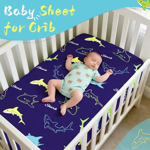 Image of Cloele Fitted Crib Sheet for Boys Girls,Blue Shark,52x28 in | Soft Breathable Standard Crib Sheet,For Baby Boys & Girls, Toddler Mattress Cover, Shark Themed Bedding for Infant & Toddler