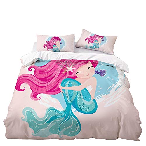 Fansu Juego De Ropa De Cama Estampado Animal, Microfibra Caricatura Niños Funda De Edredón Cremallera, Suave Funda Nórdica Funda De Almohada, Cama 90/135/150 (Sirena Linda,150 * 200cm(2pc))
