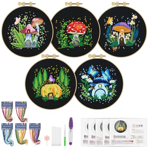 ERKOON 5 Sets Embroidery Kit for Beginners, Art Craft Handy Sewing Set Mushroom Cross Stitch Starter Kits, DIY Embroidery Kits with Patterns and Instructions Hoops Needles Threads
