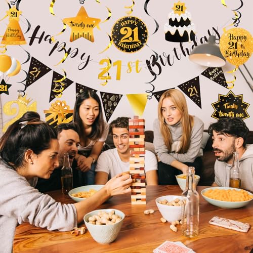 Image of Black Gold 21st Birthday Decorations for Him Happy 21st Banner and Swirls, Pre-Strung Party Supplies for 21 Year Old Party Decorations