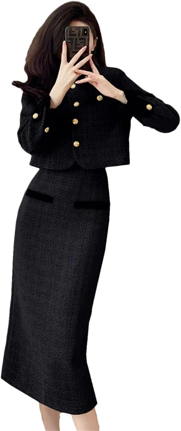 Women French Vintage Tweed Two Piece Set Short Jacket Coat + Bodycon Skirt Elegant 2 Piece Outfits