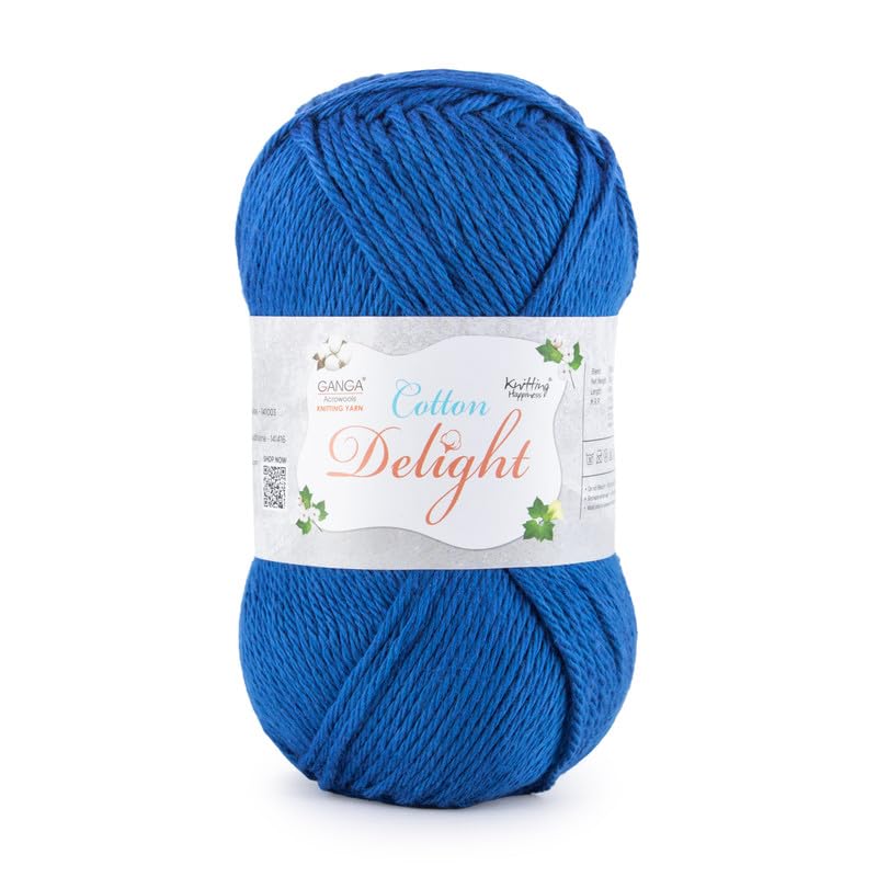 Image of Ganga Acrowools Cotton Delight, Dk Weight Cotton Yarn, Oekotex Class L Certified 100G, 169M, Pack of 1 Ball - 100gm Each, Shade No. - COD069 Royal Blue