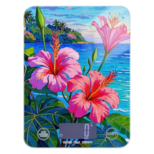 Hawaiian Beach - Báscula de cocina impermeable con flores rosas en verano, para alimentos, 11 libras/1 onzas, escala de 5 kg/5 g para gramos con 4 unidades para hornear keto tostado (pilas no