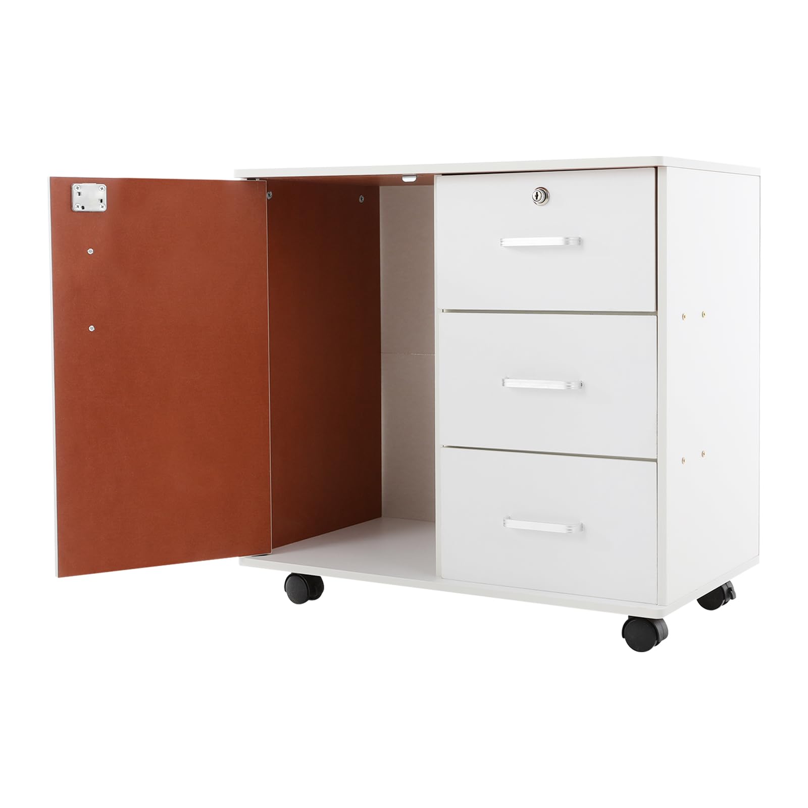 Cassettiera con 3 cassetti e anta da 60 cm, bianco caldo | Per ufficio e soggiorno, 3 cassetti + porta, 4 ruote, portata fino a 60 kg, compatto
